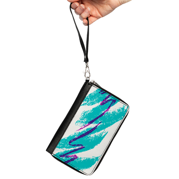 Buckle-Down Women's PU Zip Around Wallet Rectangle - Jazzy Wave Scribble White Teal Purple