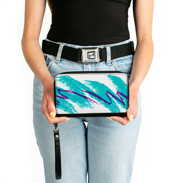 Buckle-Down Women's PU Zip Around Wallet Rectangle - Jazzy Wave Scribble White Teal Purple