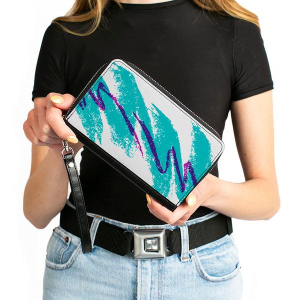 Buckle-Down Women's PU Zip Around Wallet Rectangle - Jazzy Wave Scribble White Teal Purple
