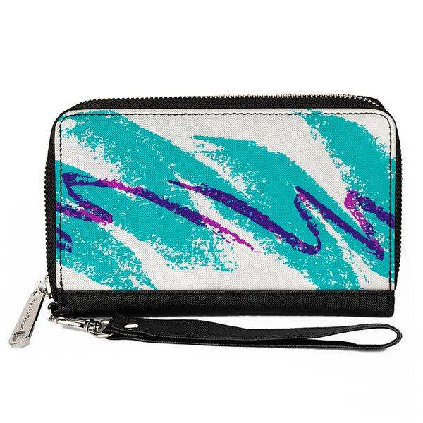 Buckle-Down Women's PU Zip Around Wallet Rectangle - Jazzy Wave Scribble White Teal Purple