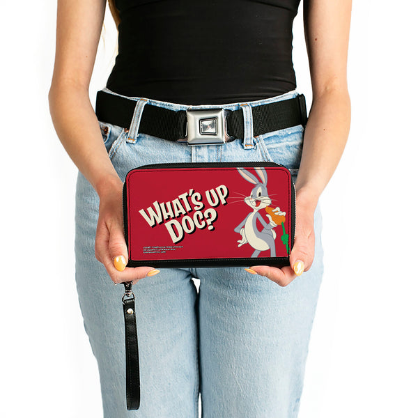 Buckle-Down Women's PU Zip Around Wallet Rectangle - Looney Tunes Bugs Bunny WHAT'S UP DOC? Carrot Pose Red