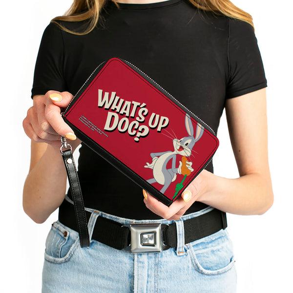 Buckle-Down Women's PU Zip Around Wallet Rectangle - Looney Tunes Bugs Bunny WHAT'S UP DOC? Carrot Pose Red