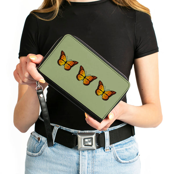 Buckle-Down Women's PU Zip Around Wallet Rectangle - Monarch Butterfly Trio Olive Green