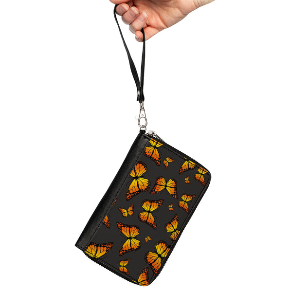Buckle-Down Women's PU Zip Around Wallet Rectangle - Monarch Butterflies Scattered Gray