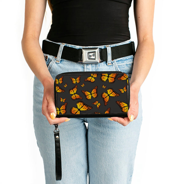 Buckle-Down Women's PU Zip Around Wallet Rectangle - Monarch Butterflies Scattered Gray