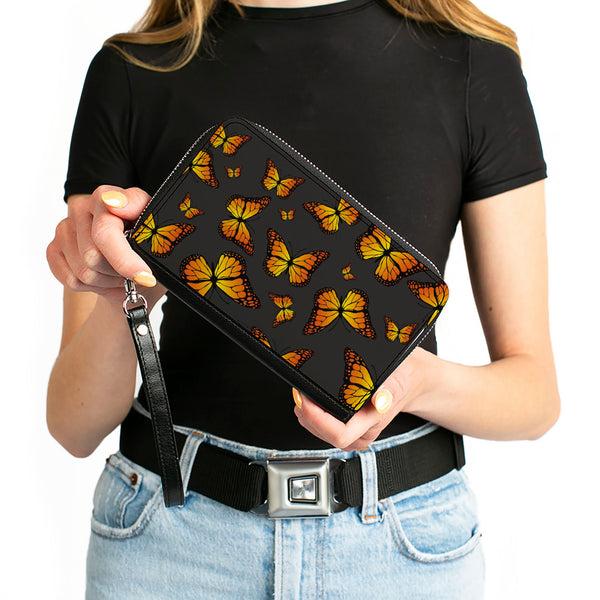 Buckle-Down Women's PU Zip Around Wallet Rectangle - Monarch Butterflies Scattered Gray