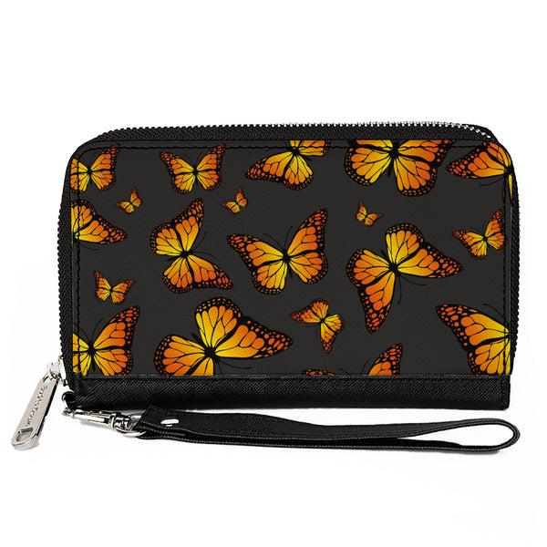 Buckle-Down Women's PU Zip Around Wallet Rectangle - Monarch Butterflies Scattered Gray