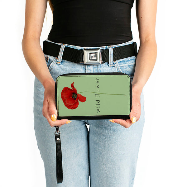 Buckle-Down Women's PU Zip Around Wallet Rectangle - Poppy Flower WILD FLOWER Green Reds