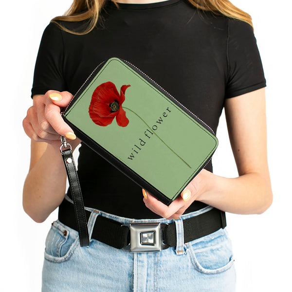 Buckle-Down Women's PU Zip Around Wallet Rectangle - Poppy Flower WILD FLOWER Green Reds
