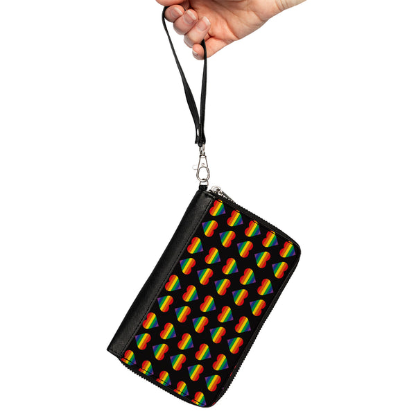 Buckle-Down Women's PU Zip Around Wallet Rectangle - Rainbow Hearts Flip Black Multi Color