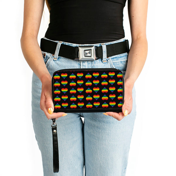 Buckle-Down Women's PU Zip Around Wallet Rectangle - Rainbow Hearts Flip Black Multi Color