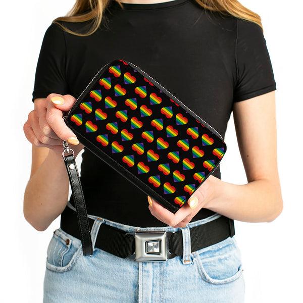 Buckle-Down Women's PU Zip Around Wallet Rectangle - Rainbow Hearts Flip Black Multi Color