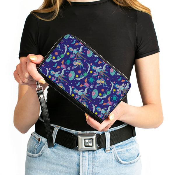 Buckle-Down Women's PU Zip Around Wallet Rectangle - Rick And Morty Aliens And Cells Portal Gun Collage Purple