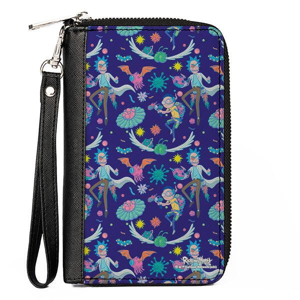 Buckle-Down Women's PU Zip Around Wallet Rectangle - Rick and Morty Aliens and Cells Portal Gun Collage Purple