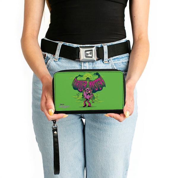 Buckle-Down Women's PU Zip Around Wallet Rectangle - Shaggy Carrying Scooby-Doo THRILLER MYSTERY Ghost Greens