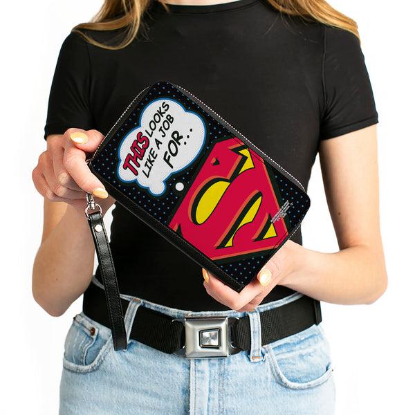 Buckle-Down Women's PU Zip Around Wallet Rectangle - Superman Shield THIS LOOKS LIKE A JOB FOR Superman Shield Halftone Black Blue