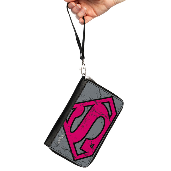 Buckle-Down Women's PU Zip Around Wallet Rectangle - Superman Shield CLOSE-UP Weathered Grays Black Pink