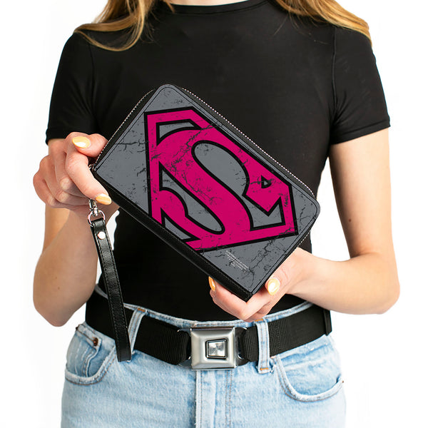 Buckle-Down Women's PU Zip Around Wallet Rectangle - Superman Shield CLOSE-UP Weathered Grays Black Pink