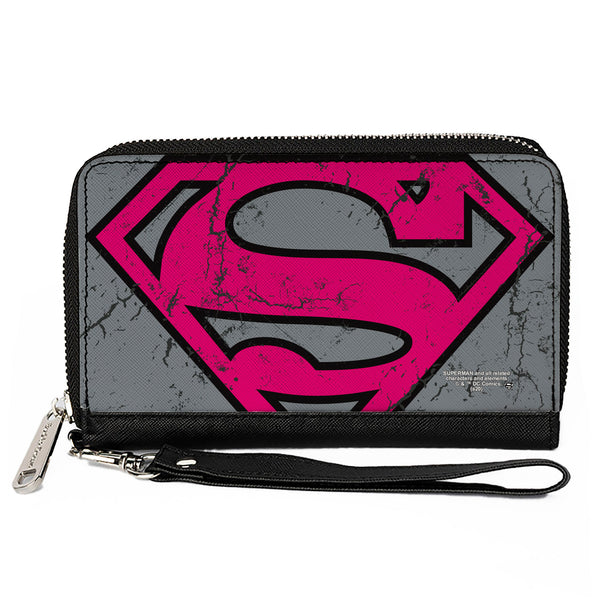 Buckle-Down Women's PU Zip Around Wallet Rectangle - Superman Shield CLOSE-UP Weathered Grays Black Pink