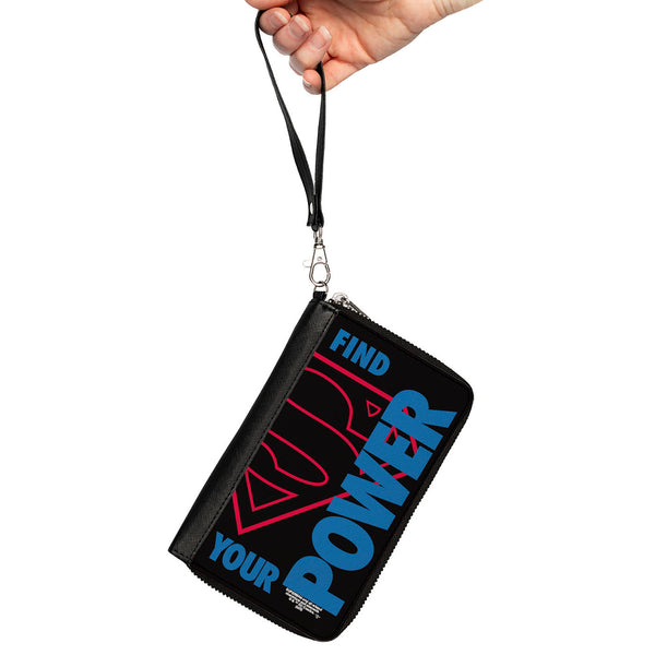 Buckle-Down Women's PU Zip Around Wallet Rectangle - Superman Shield FIND YOUR POWER Black Red Blue