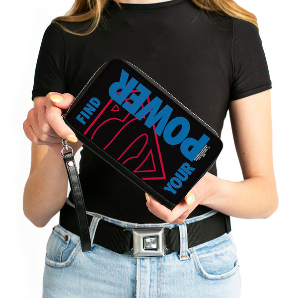 Buckle-Down Women's PU Zip Around Wallet Rectangle - Superman Shield FIND YOUR POWER Black Red Blue