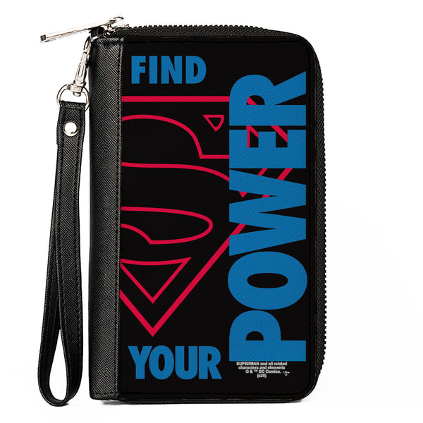 Buckle-Down Women's PU Zip Around Wallet Rectangle - Superman Shield FIND YOUR POWER Black Red Blue
