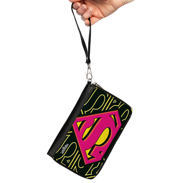 Buckle-Down Women's PU Zip Around Wallet Rectangle - Superman Shield CLOSE-UP Outlines Black Yellow Orange Hot Pink