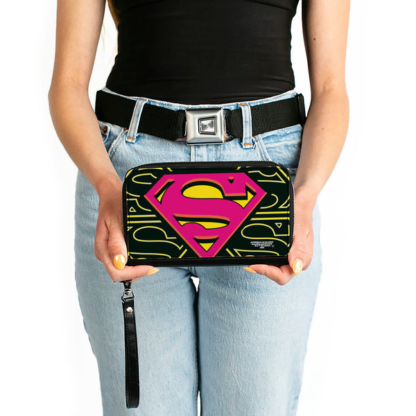 Buckle-Down Women's PU Zip Around Wallet Rectangle - Superman Shield CLOSE-UP Outlines Black Yellow Orange Hot Pink