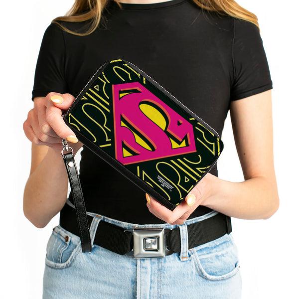 Buckle-Down Women's PU Zip Around Wallet Rectangle - Superman Shield CLOSE-UP Outlines Black Yellow Orange Hot Pink