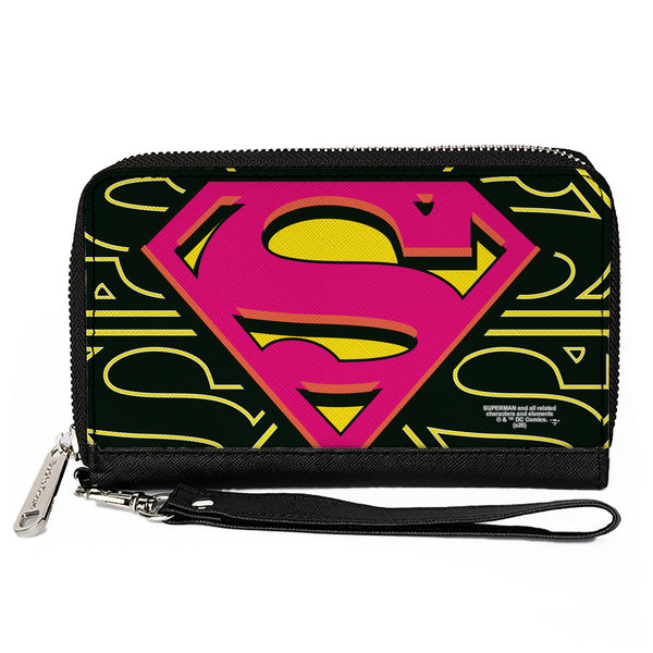 Buckle-Down Women's PU Zip Around Wallet Rectangle - Superman Shield CLOSE-UP Outlines Black Yellow Orange Hot Pink