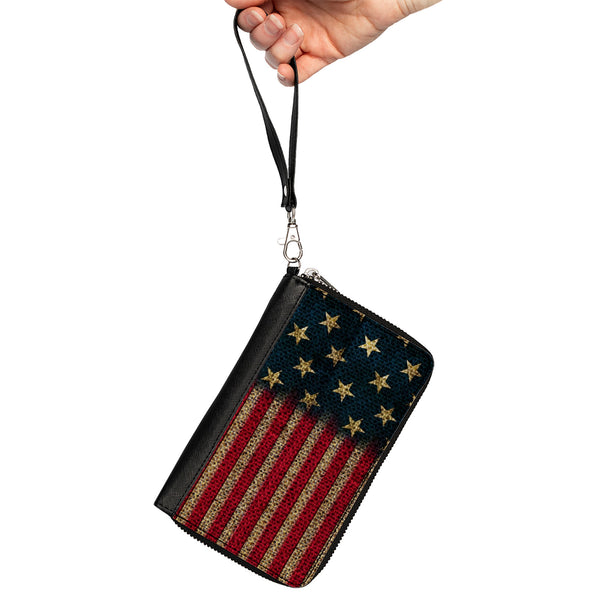 Buckle-Down Women's PU Zip Around Wallet Rectangle - Vintage US Flag Stretch