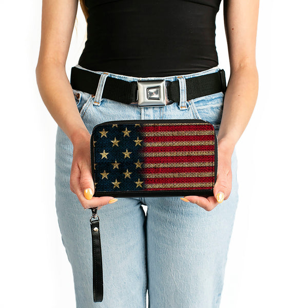 Buckle-Down Women's PU Zip Around Wallet Rectangle - Vintage US Flag Stretch
