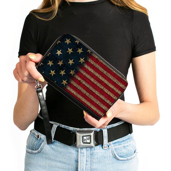 Buckle-Down Women's PU Zip Around Wallet Rectangle - Vintage US Flag Stretch
