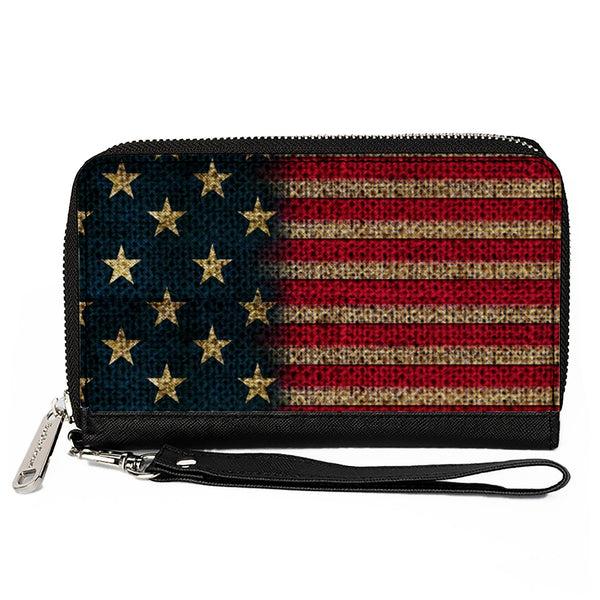 Buckle-Down Women's PU Zip Around Wallet Rectangle - Vintage US Flag Stretch