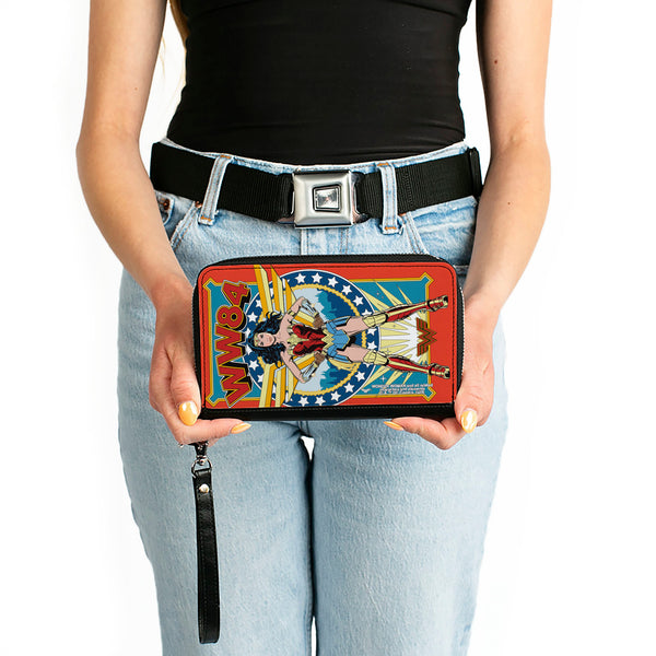 Buckle-Down Women's PU Zip Around Wallet Rectangle - Wonder Woman WW84 Standing Pose Stars Reds Yellows Blues