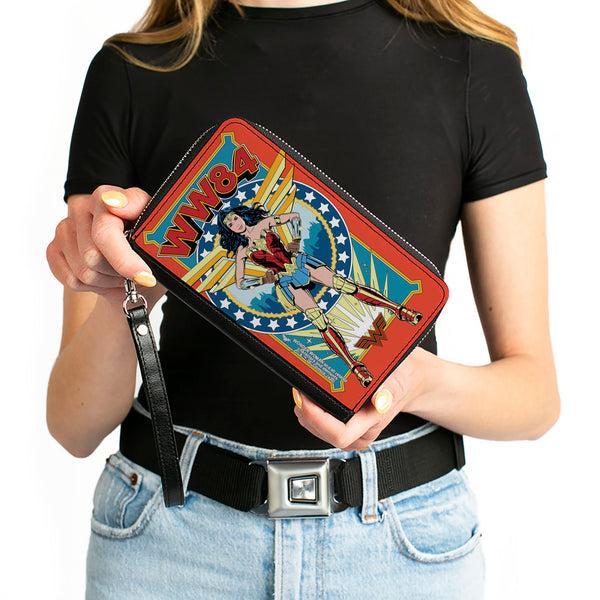 Buckle-Down Women's PU Zip Around Wallet Rectangle - Wonder Woman WW84 Standing Pose Stars Reds Yellows Blues