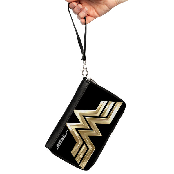 Buckle-Down Women's PU Zip Around Wallet Rectangle - Wonder Woman 1984 WW Logo Black Golds