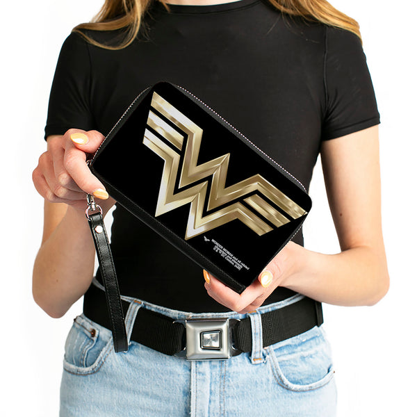 Buckle-Down Women's PU Zip Around Wallet Rectangle - Wonder Woman 1984 WW Logo Black Golds