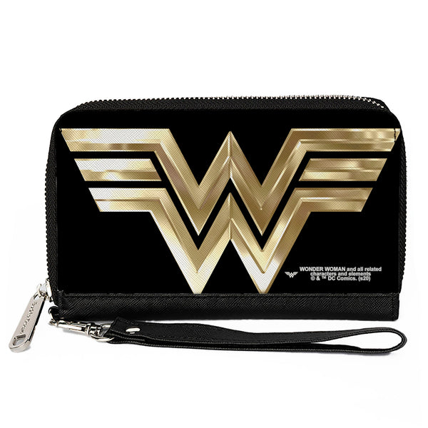 Buckle-Down Women's PU Zip Around Wallet Rectangle - Wonder Woman 1984 WW Logo Black Golds