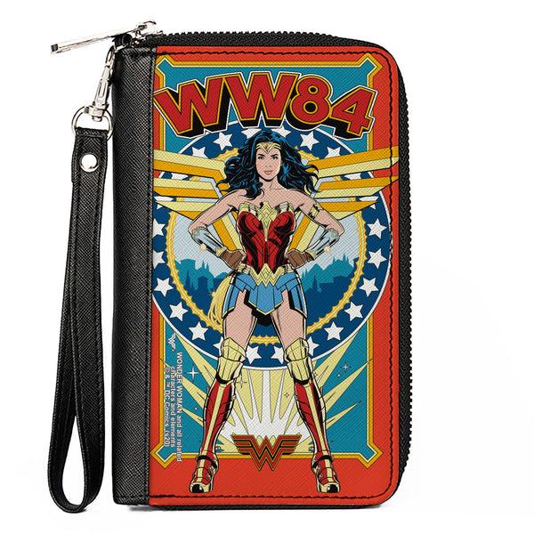 Buckle-Down Women's PU Zip Around Wallet Rectangle - Wonder Woman WW84 Standing Pose Stars Reds Yellows Blues