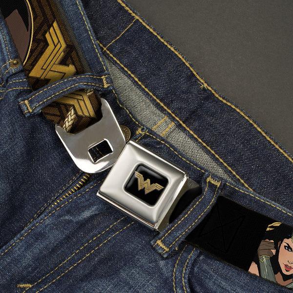 Buckle-Down Wonder Woman 2017 Icon Full Color Black/Gold Seatbelt Belt - Wonder Woman 2017 Icon/3-Poses/Lasso Of Truth Black/Brown/Golds Webbing