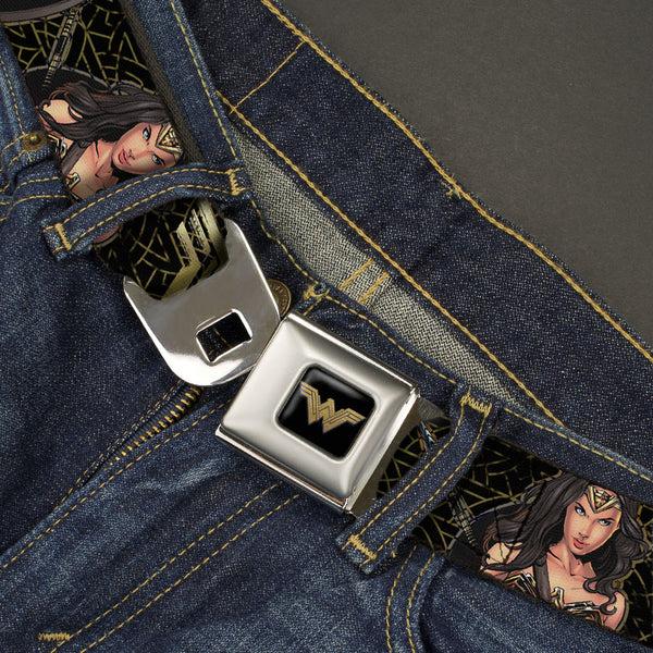 Buckle-Down Wonder Woman 2017 Icon Full Color Black/Gold Seatbelt Belt - Wonder Woman 2017 Icon/3-Sketch Poses Black/Gold Webbing