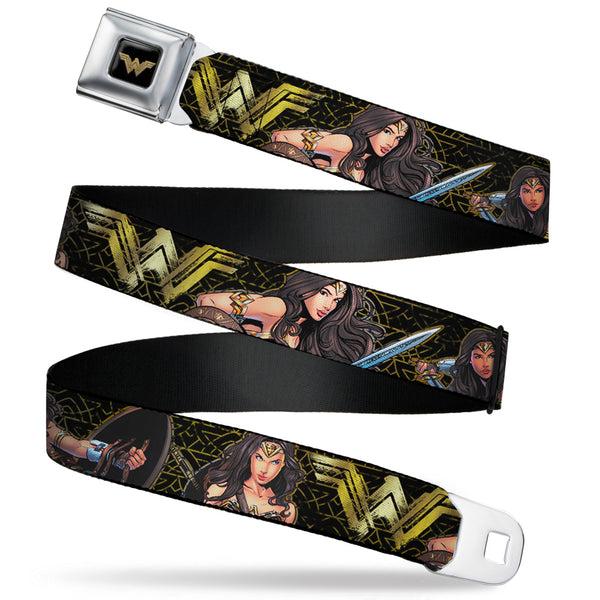 Buckle-Down Wonder Woman 2017 Icon Full Color Black/Gold Seatbelt Belt - Wonder Woman 2017 Icon/3-Sketch Poses Black/Gold Webbing