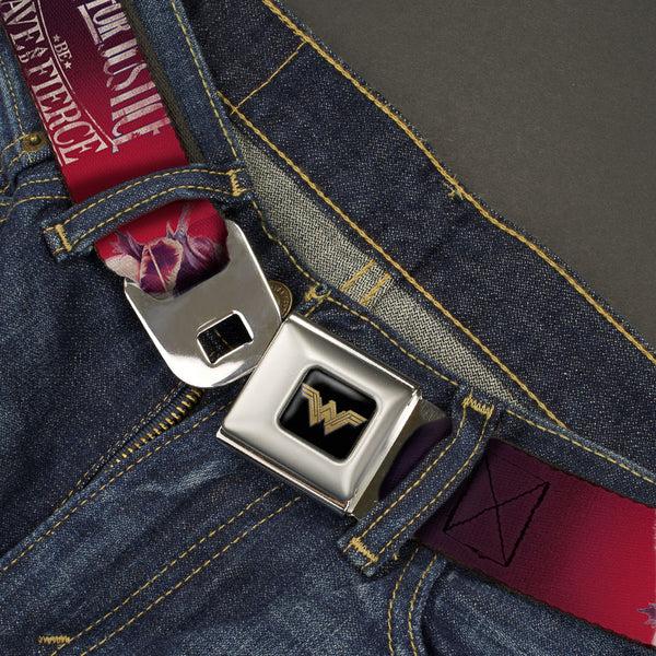 Buckle-Down Wonder Woman 2017 Icon Full Color Black/Gold Seatbelt Belt - Wonder Woman Deflection Pose FIGHT FOR JUSTICE-BE BRAVE AND FIERCE Weathered Reds/Blues/White Webbing