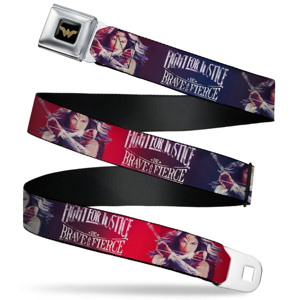 Buckle-Down Wonder Woman 2017 Icon Full Color Black/Gold Seatbelt Belt - Wonder Woman Deflection Pose FIGHT FOR JUSTICE-BE BRAVE AND FIERCE Weathered Reds/Blues/White Webbing