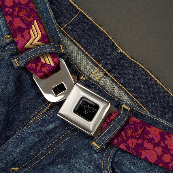 Buckle-Down Wonder Woman Black Silver Seatbelt Belt - Wonder Woman Logo/Floral Collage Purple/Pinks/Gold Webbing