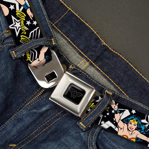 Buckle-Down Wonder Woman Black Silver Seatbelt Belt - Wonder Woman/StarsÂ Black/White Webbing