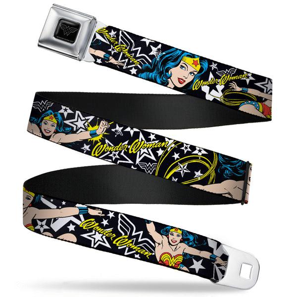 Buckle-Down Wonder Woman Black Silver Seatbelt Belt - Wonder Woman/Stars Black/White Webbing