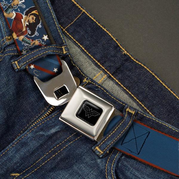 Buckle-Down Wonder Woman Black Silver Seatbelt Belt - WONDER WOMAN/Bombshell Pose Blue/Red/White Webbing