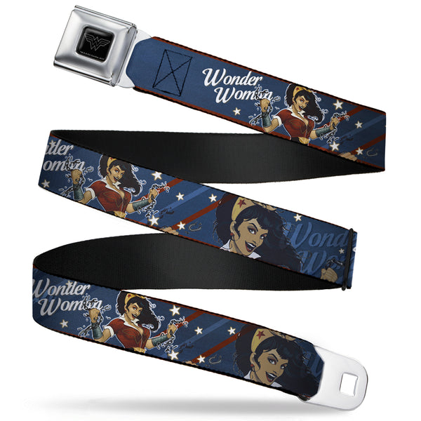 Buckle-Down Wonder Woman Black Silver Seatbelt Belt - WONDER WOMAN/Bombshell Pose Blue/Red/White Webbing